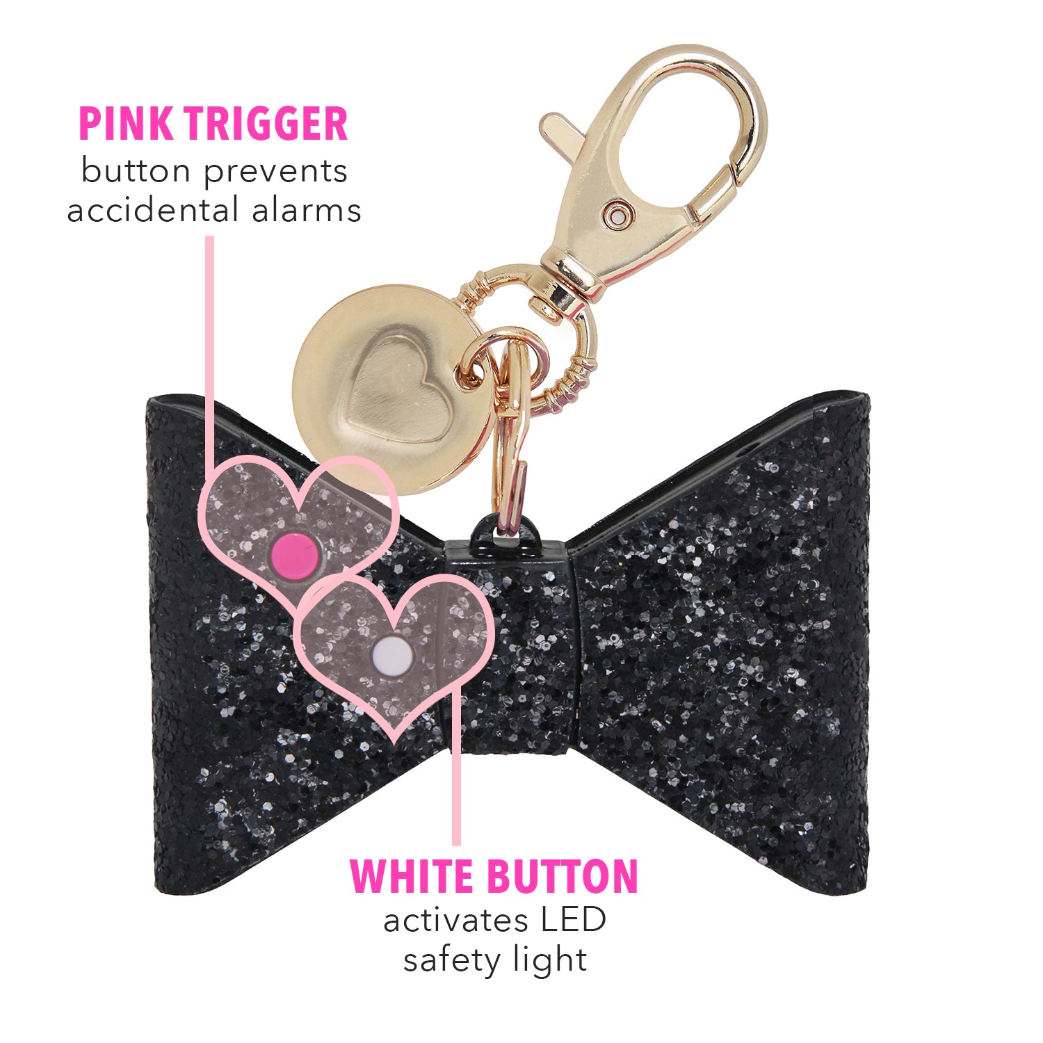 small compact personal safety alarm in a glittery bow shape with a keychain clip, an oversized lobster clip, a pink trigger button, and an LED safety light button operating on a 12-volt A23 battery available in black