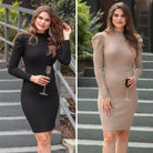 a mini bodycon dress with a flattering ribbed knit, long sleeves, a sophisticated mock neckline, and stylish puff sleeves in black and taupe