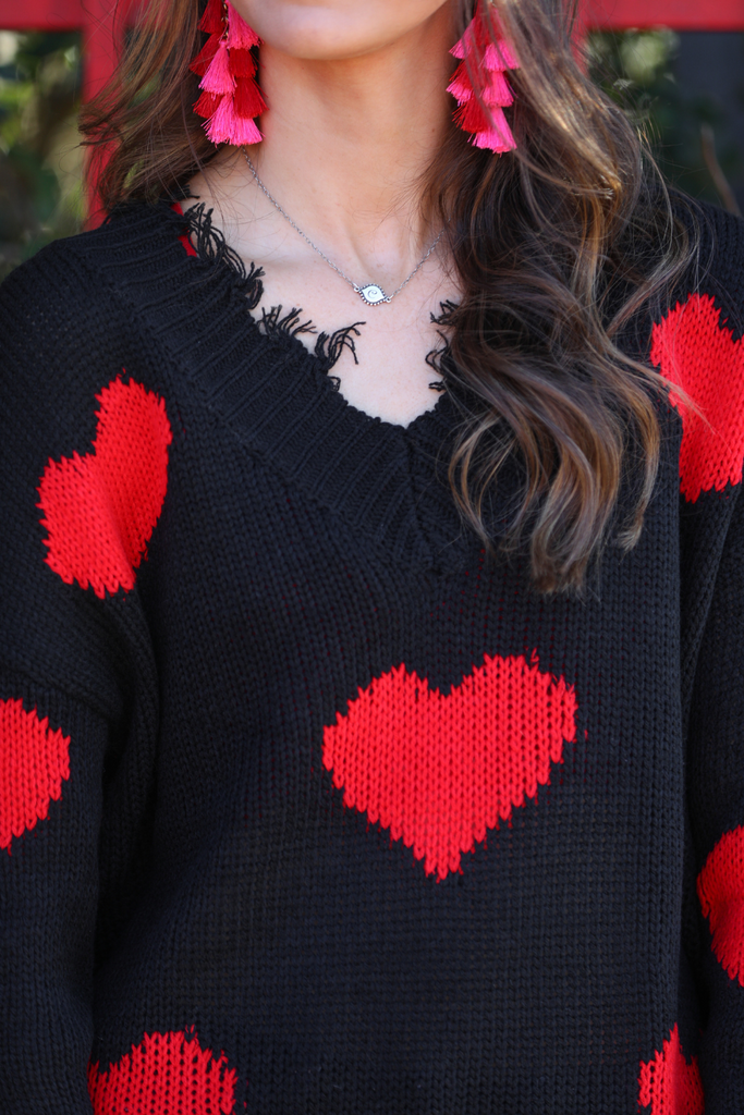 Heart On My Sleeve Distressed Sweater - Closeup NECKLINE (Taylor)