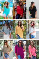 lightweight oversized tunic made of loosely knitted material with three-quarter sleeves, a hi-lo hemline, side slits, and a relaxed drape for easy, all-day wear in aqua, berry, black, grey, honey, ivory, leopard, magenta, and pink