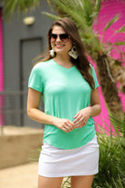 spearmint basic short sleeve tee with rounded hemline and v-neck