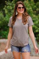 heathered grey basic short sleeve tee with rounded hemline and v-neck