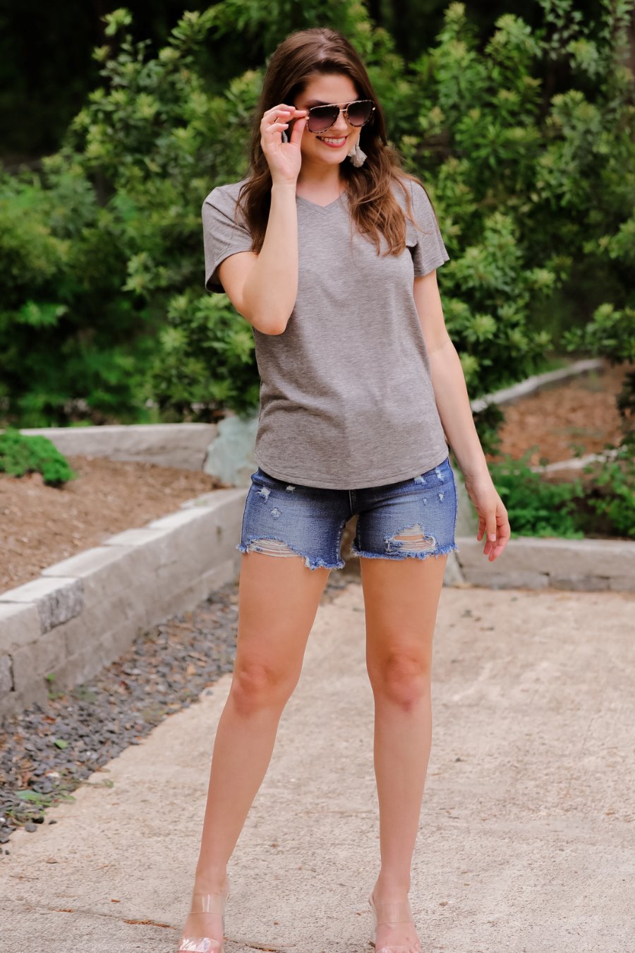 heathered grey basic short sleeve tee with rounded hemline and v-neck