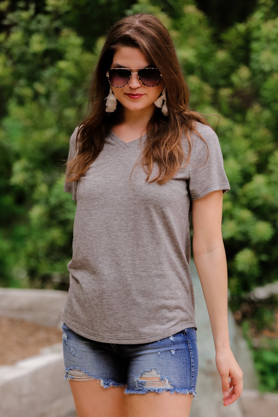 heathered grey basic short sleeve tee with rounded hemline and v-neck