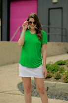 kelly green basic short sleeve tee with rounded hemline and v-neck