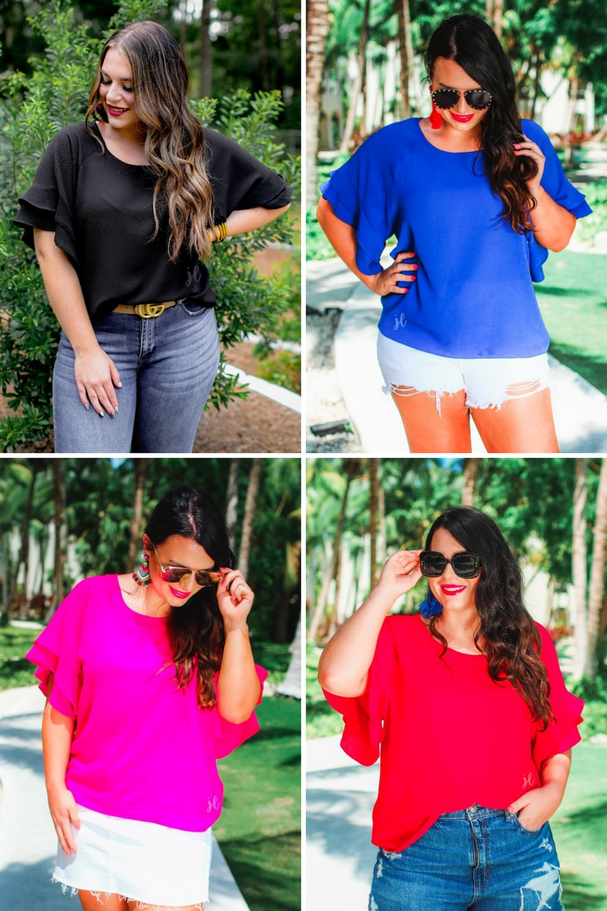 true-to-size blouses crafted from lightweight textured fabric with a rounded neckline, tiered ruffle sleeves, and a relaxed drape in black, blue, pink, and red
