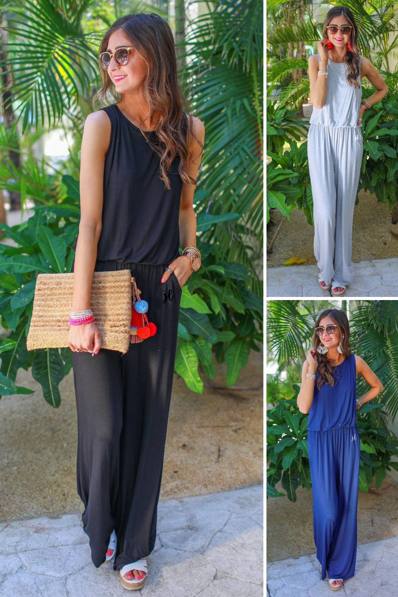a sleeveless one-piece jumpsuit with wide 2.5" shoulder straps, a rounded neckline, elastic waist, side pockets, keyhole button back, and a relaxed flare leg silhouette in black, grey, and navy