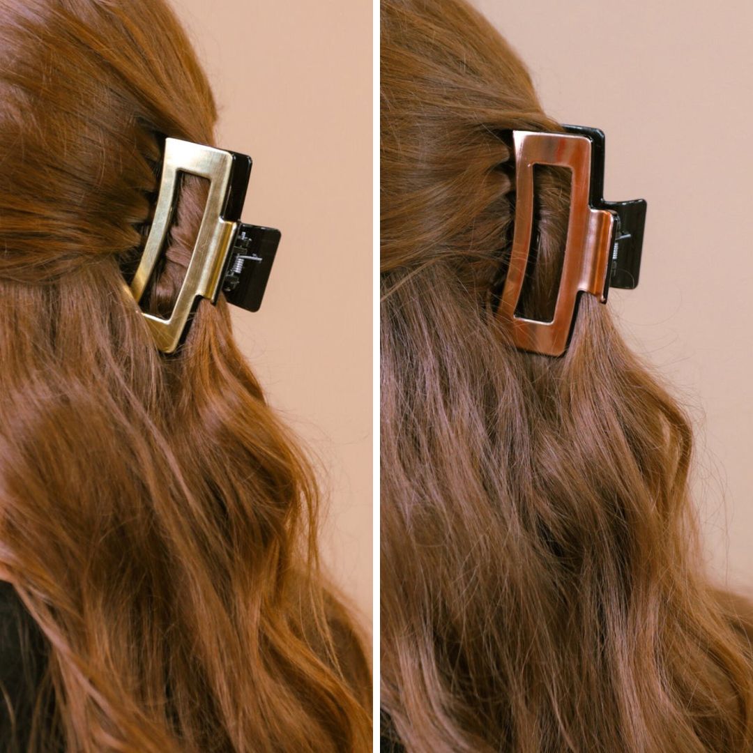 a metallic claw clip with a strong hold and sleek shine in gold and rose gold
