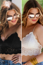 crochet lace bralette with a pullover style, a V-neckline, adjustable straps, and removable pads in black and ivory