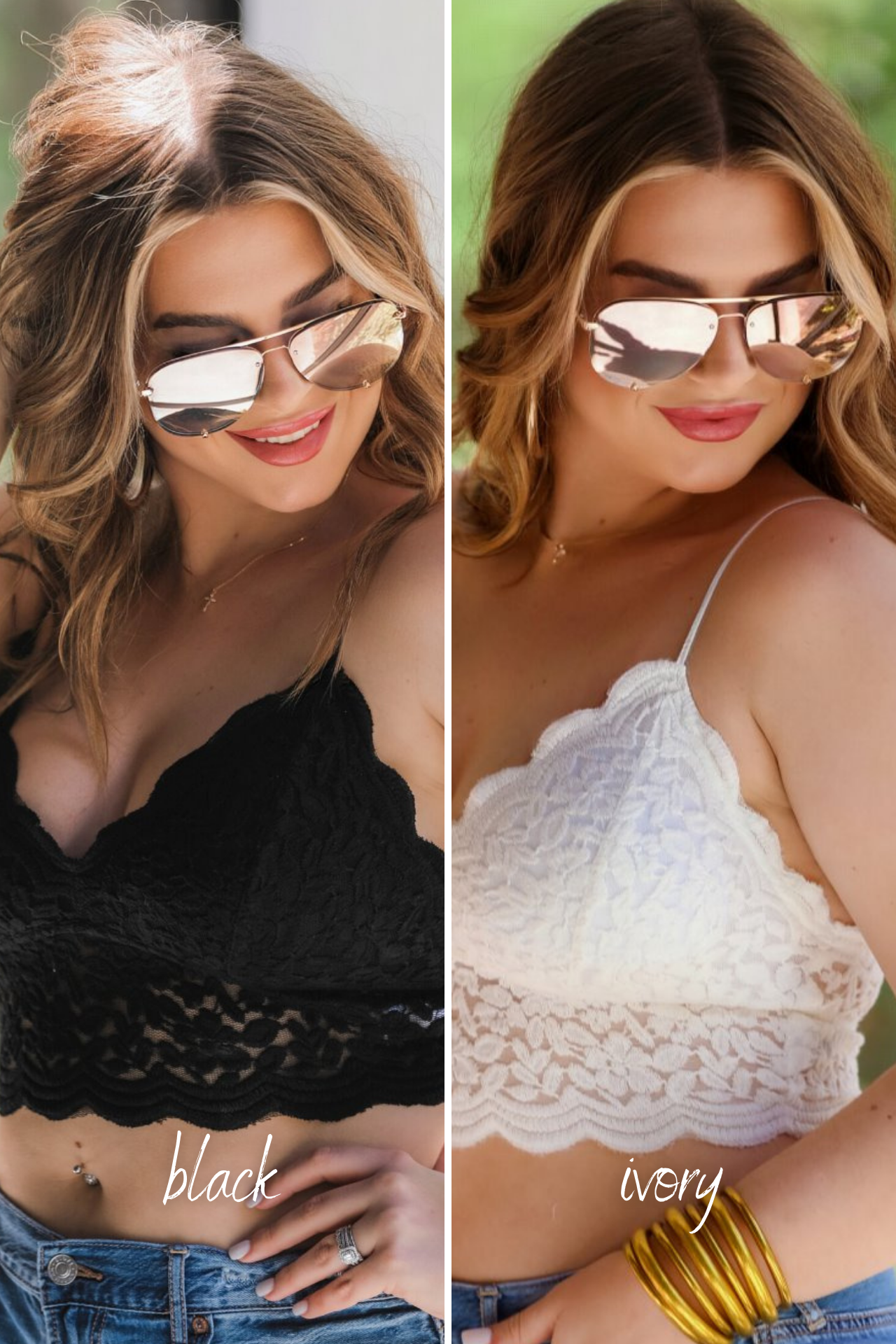 crochet lace bralette with a pullover style, a V-neckline, adjustable straps, and removable pads in black and ivory