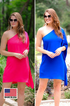 a one-shoulder mini dress with an asymmetrical neckline and a draping, billowy body creating a relaxed silhouette in magenta and royal blue made in the USA