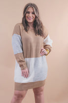 slouchy cuffed long-sleeve mid length dress with a round neckline, an all over ribbed texture, and a tricolor block of heather gray, ivory, and mocha