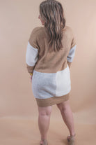 slouchy cuffed long-sleeve mid length dress with a round neckline, an all over ribbed texture, and a tricolor block of heather gray, ivory, and mocha