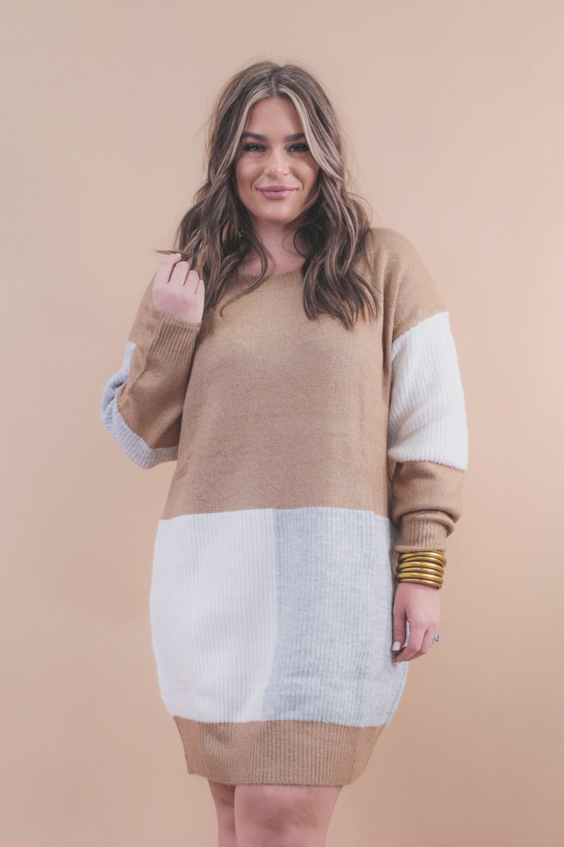 slouchy cuffed long-sleeve mid length dress with a round neckline, an all over ribbed texture, and a tricolor block of heather gray, ivory, and mocha