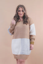 slouchy cuffed long-sleeve mid length dress with a round neckline, an all over ribbed texture, and a tricolor block of heather gray, ivory, and mocha