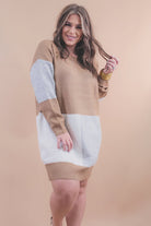 slouchy cuffed long-sleeve mid length dress with a round neckline, an all over ribbed texture, and a tricolor block of heather gray, ivory, and mocha