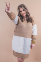 slouchy cuffed long-sleeve mid length dress with a round neckline, an all over ribbed texture, and a tricolor block of heather gray, ivory, and mocha