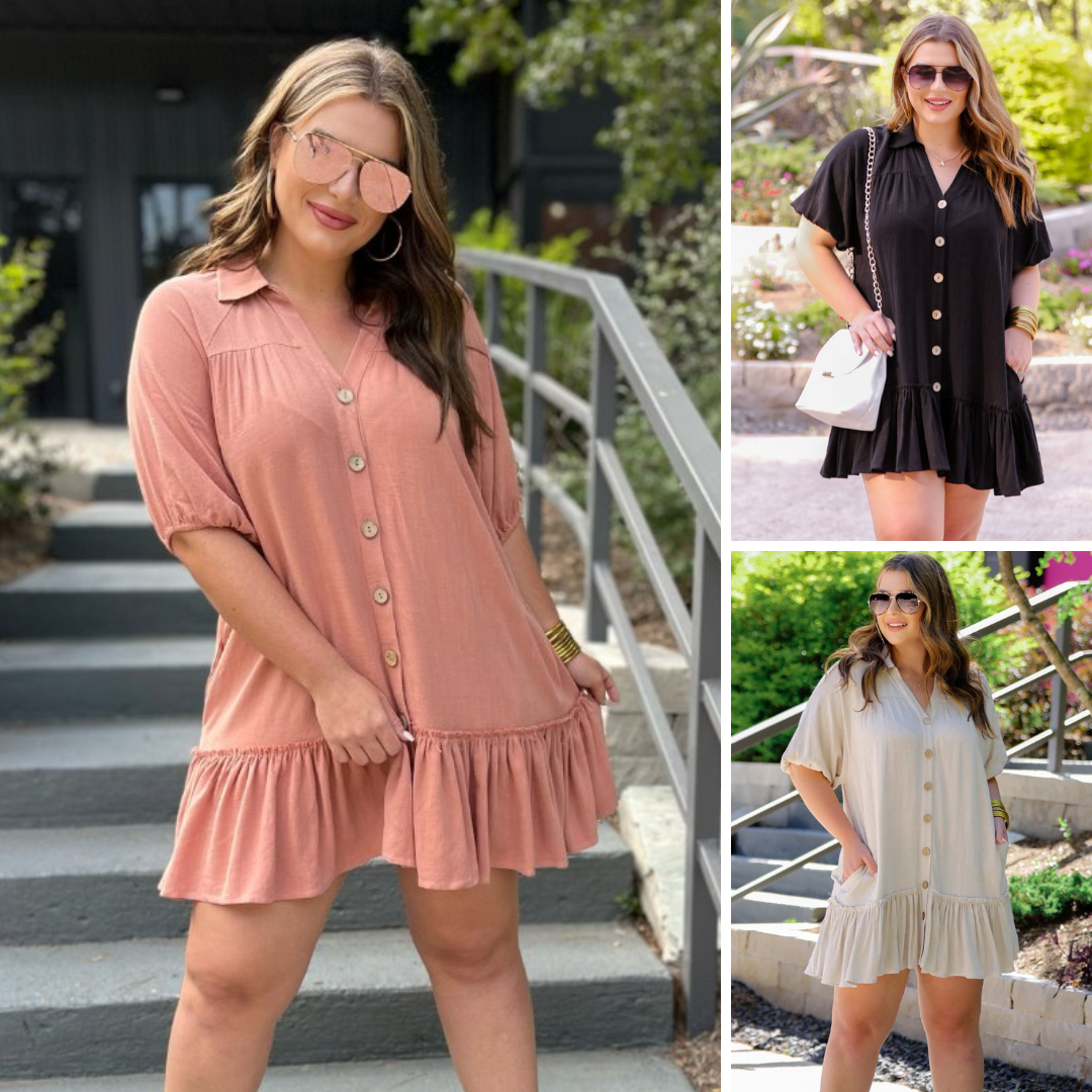 relaxed short-sleeve dress with a V-cut collar, full-button front closure, side pockets, and tiered ruffled hemline in apricot, black, and oatmeal