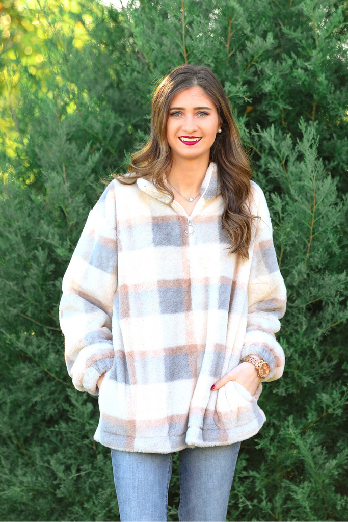 Penny Plaid Faux Fur Pullover TAUPE (Taylor)