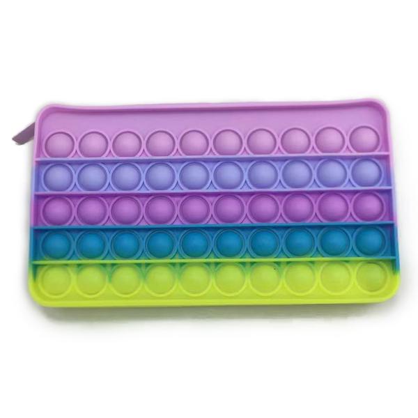 a waterproof rainbow pastel silicone zippered pencil case with poppable bubbles, a discreet popping sound, a comfortable touch, compact storage for small essentials, and an endlessly reusable, dishwasher-safe design for versatile daily user