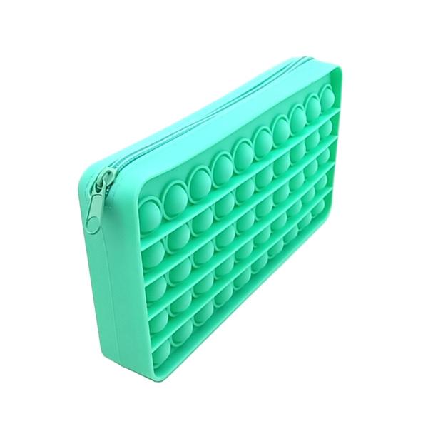 a waterproof mint silicone zippered pencil case with poppable bubbles, a discreet popping sound, a comfortable touch, compact storage for small essentials, and an endlessly reusable, dishwasher-safe design for versatile daily use