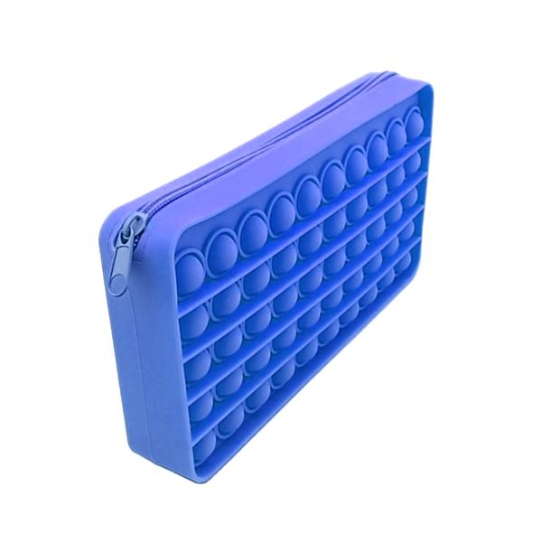 a waterproof blue silicone zippered pencil case with poppable bubbles, a discreet popping sound, a comfortable touch, compact storage for small essentials, and an endlessly reusable, dishwasher-safe design for versatile daily use