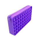 a waterproof purple silicone zippered pencil case with poppable bubbles, a discreet popping sound, a comfortable touch, compact storage for small essentials, and an endlessly reusable, dishwasher-safe design for versatile daily use