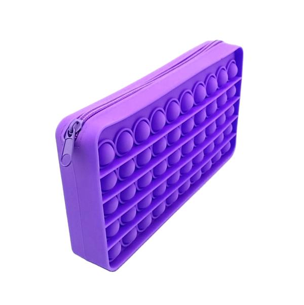 a waterproof purple silicone zippered pencil case with poppable bubbles, a discreet popping sound, a comfortable touch, compact storage for small essentials, and an endlessly reusable, dishwasher-safe design for versatile daily use