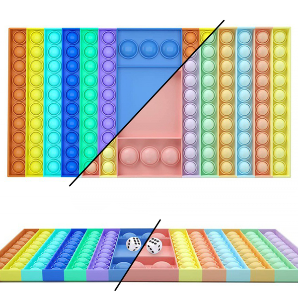 a silicone popper game board with a set of dice, a comfortable touch, a discreet popping sound, endlessly reusable bubbles, dishwasher-safe construction, and a portable design for on-the-go-play