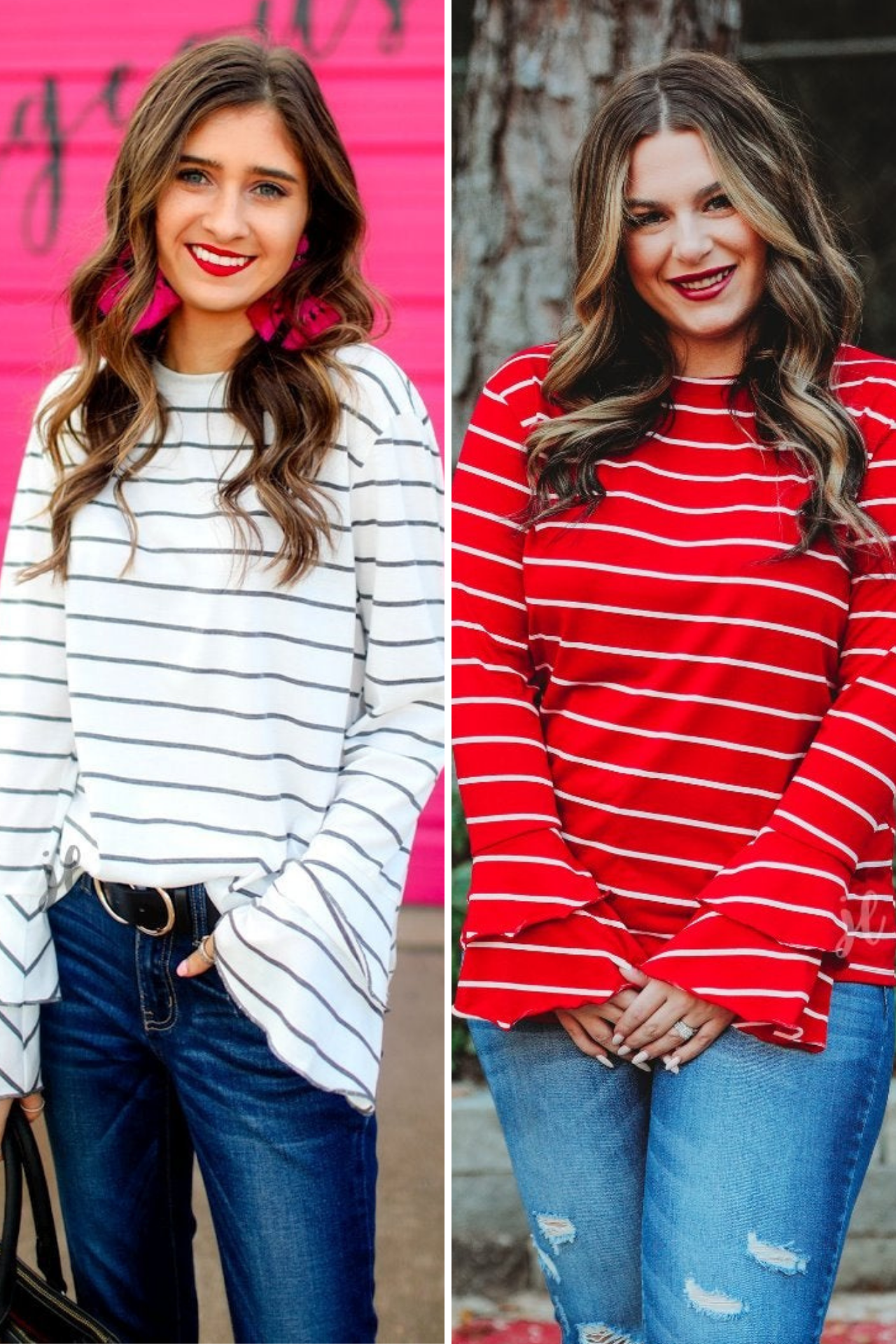 lightweight horizontal striped top with layered ruffle sleeves in white and red