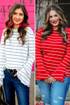 lightweight horizontal striped top with layered ruffle sleeves in white and red