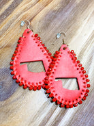 leather teardrop earrings with the State of Oklahoma cutout in the center, matching beading accent over the edges, and a fish hook