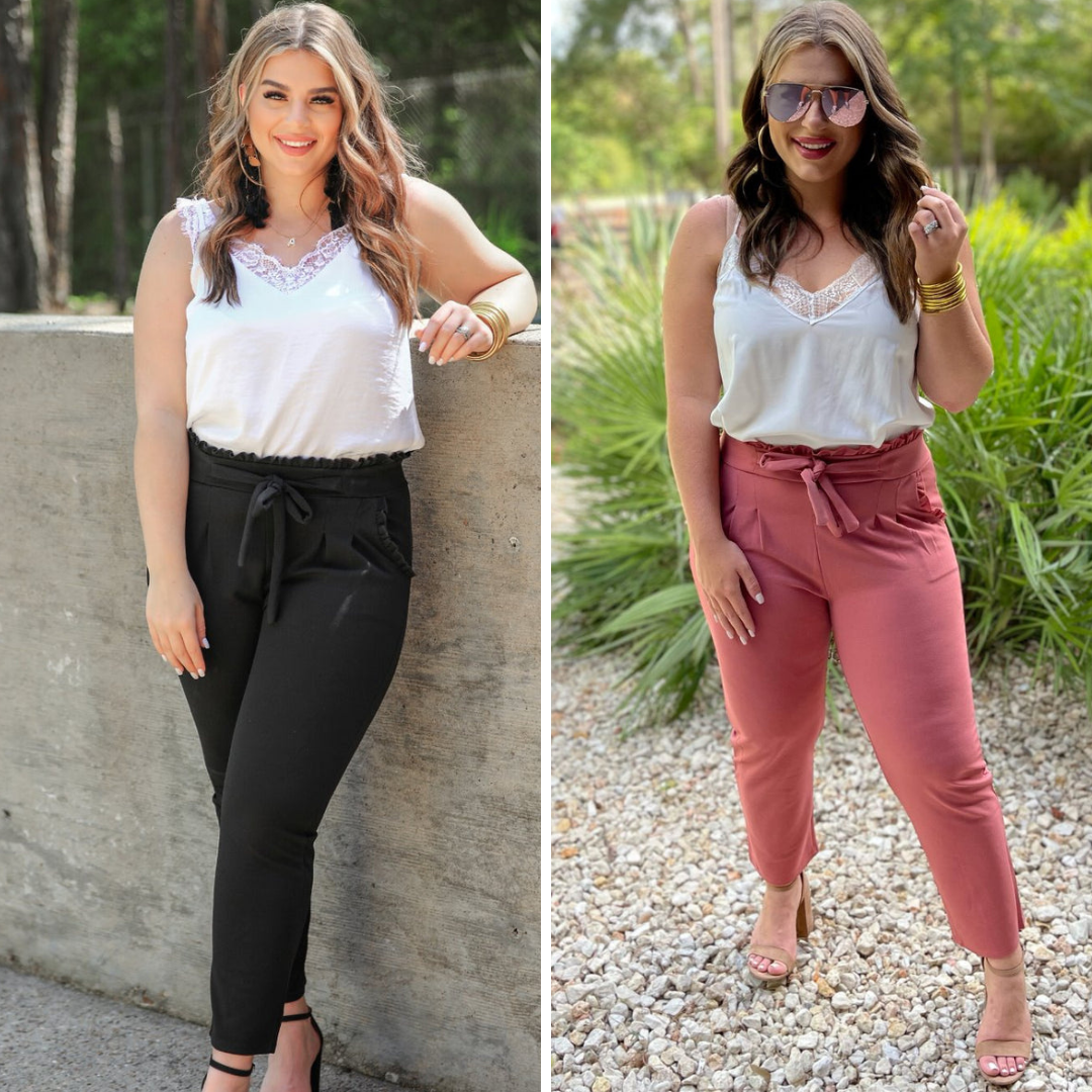 high-waisted paper-bag silhouette pants with a ruffle trim and sash tie, lightweight drapey fabric, straight legs, side pockets polished with a flirty ruffle, and unlined for breezy comfort in black and rose