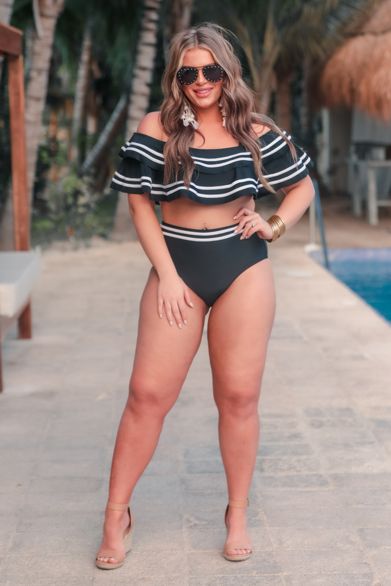 ruffled top with white piping and matching full-coverage high-waisted bottoms, removable padding, and removable/adjustable spaghetti straps