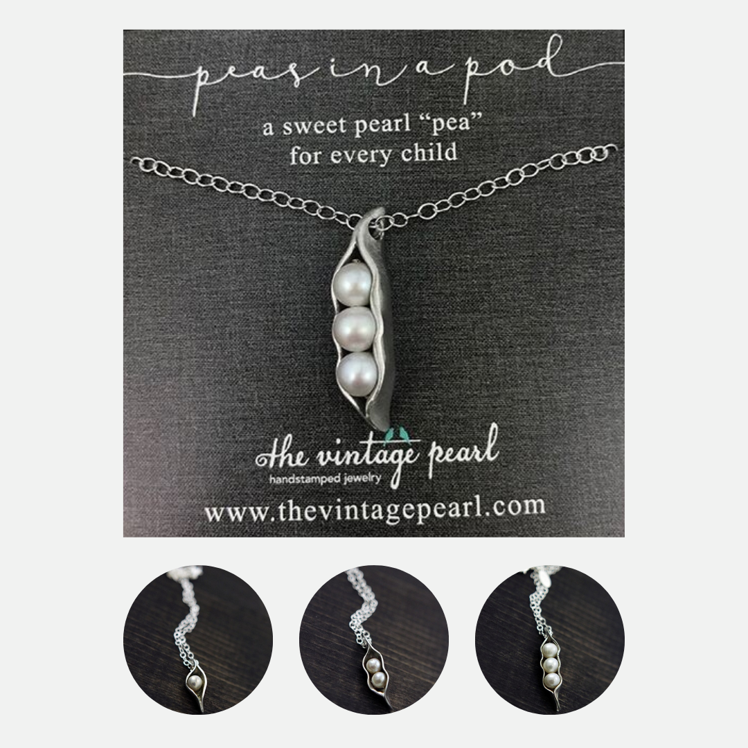 one, two, or three peas in a pod made of fine pewter with freshwater pearls on an 18" plated link chain necklace available in one, two, or three pea pods