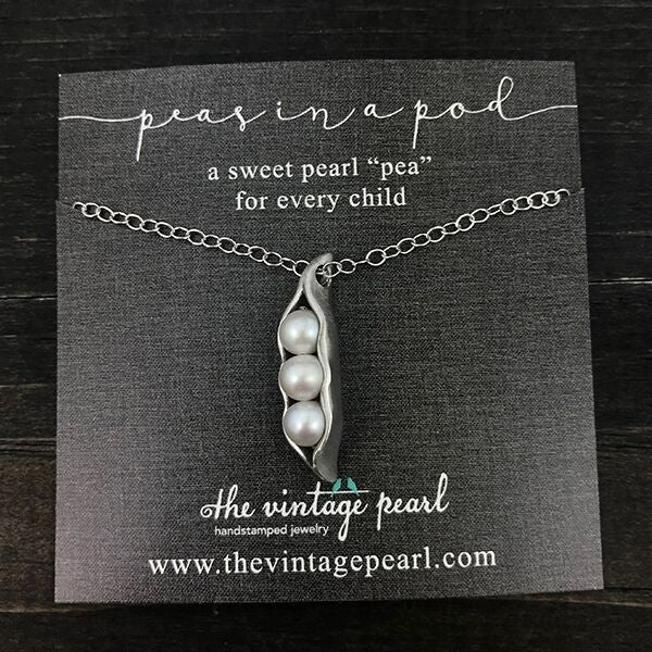 three peas in a pod made of fine pewter with freshwater pearls on an 18" plated link chain necklace