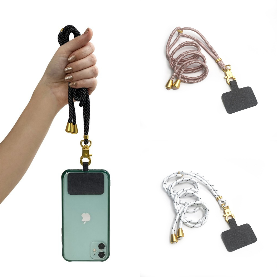 universal phone lanyard available in dark slate, rose gold, and white
