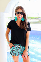 Tulum Turquoise Leopard Drawstring Everyday Shorts JESS