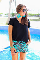 Tulum Turquoise Leopard Drawstring Everyday Shorts JESS