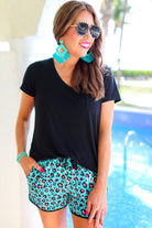 Tulum Turquoise Leopard Drawstring Everyday Shorts JESS