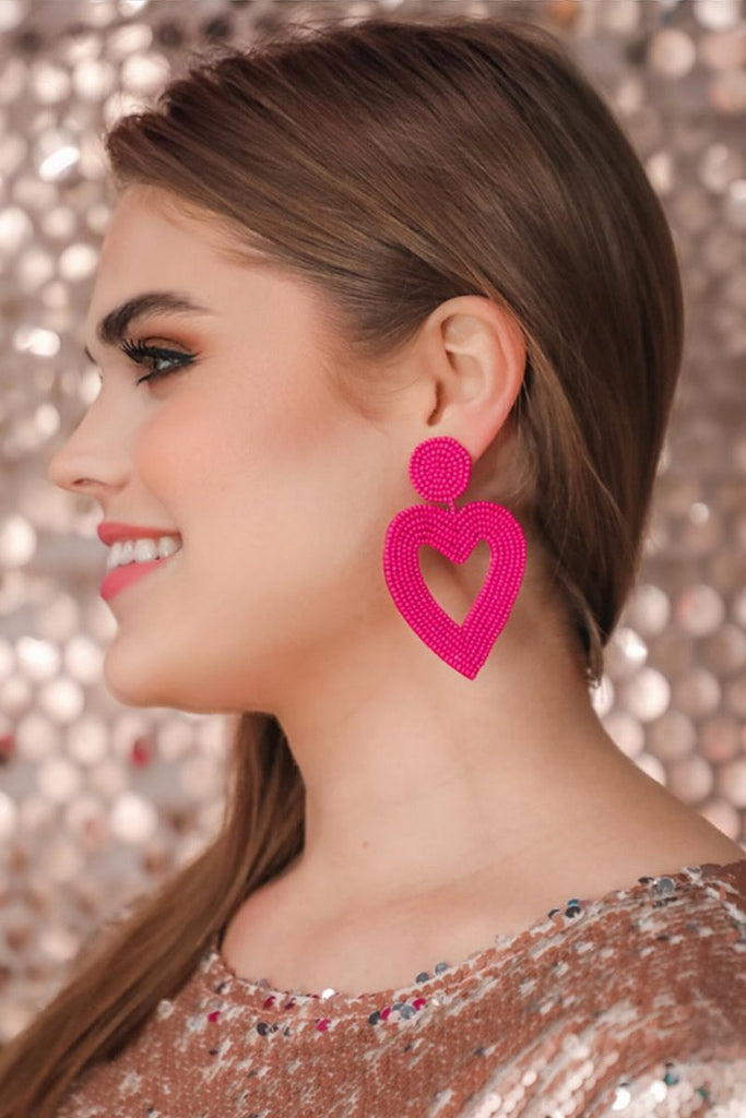 Always My Valentine Beaded Heart Earrings HOT PINK (Brittany)