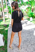 scoop neckline, a cutout tie back, an elastic faux tie waist, and no pocketsOn The Run Ribbed Romper (Black)